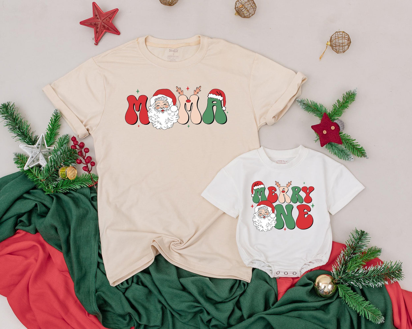 Merry One First Birthday Christmas Shirt with Santa Retro Psychedelic Lettering Matching Family Vintage Holiday Tee for Baby Announcement Gift