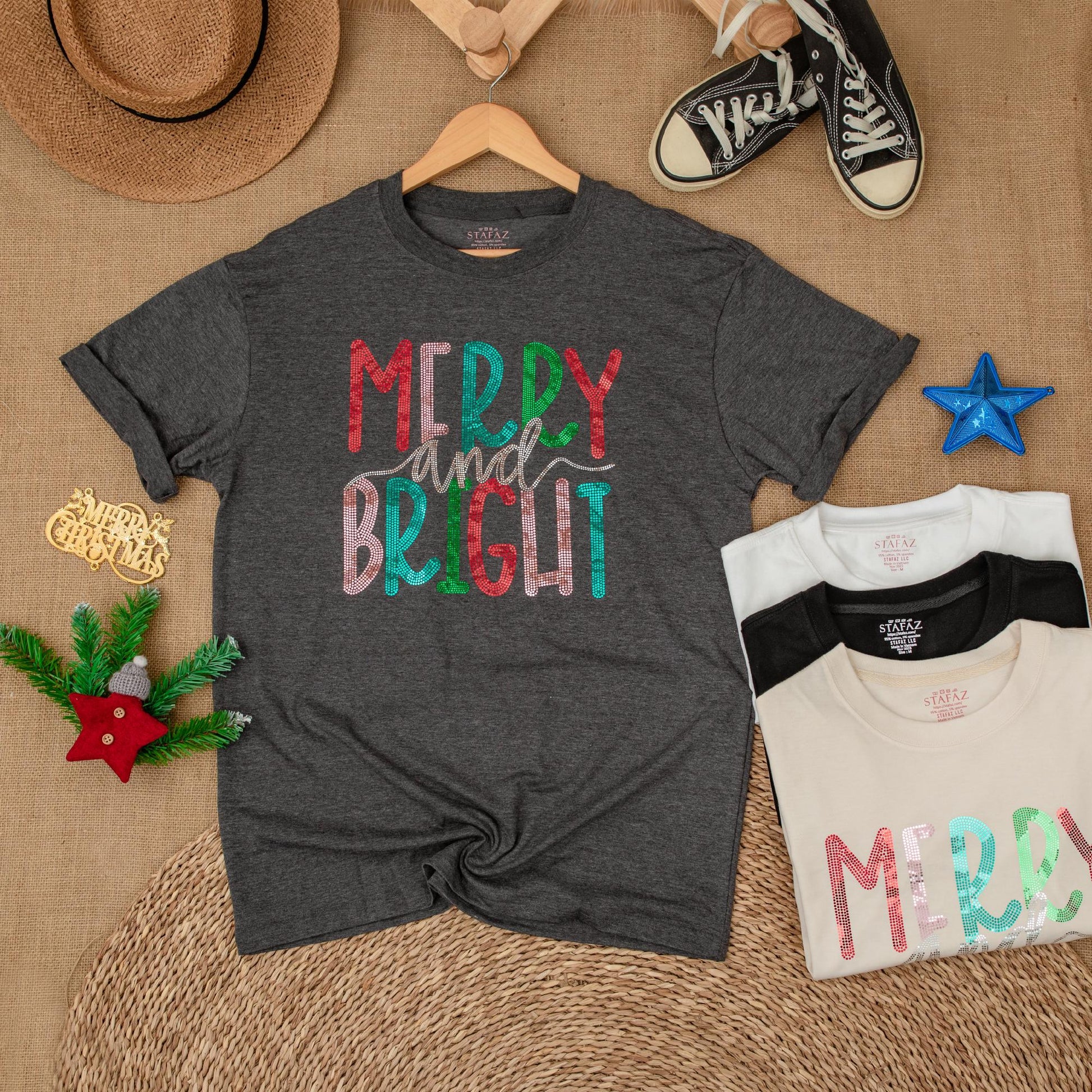Merry & Bright Sequin Christmas Tee, Womens Holiday Sparkle Shirt, Teal Red Green, Festive Christmas T-Shirt, Cute Gift for Her (136 chars)