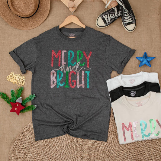 Merry & Bright Sequin Christmas Tee, Womens Holiday Sparkle Shirt, Teal Red Green, Festive Christmas T-Shirt, Cute Gift for Her (136 chars)