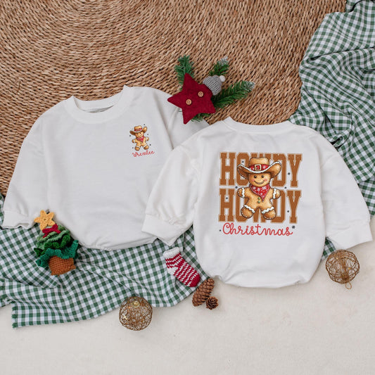 Custom Name Howdy Christmas Romper, Vintage Western Baby Bodysuit, Personalized First Christmas Outfit, Cowboy Gingerbread Baby Clothes, Christmas Gift (139)