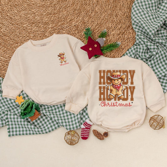 Custom Name Howdy Christmas Romper, Vintage Western Baby Bodysuit, Personalized First Christmas Outfit, Cowboy Gingerbread Baby Clothes, Christmas Gift (139)