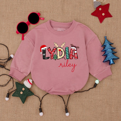 Custom Name Christmas Bodysuit Festive Holiday Print, Santa Hat Antlers Plaid Snowflakes Baby Romper Outfit, First Christmas Baby Shower Gift Clothes
