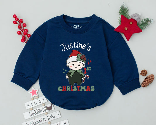 Personalized Name First Christmas Romper with Santa Hat Cartoon Child Sparkles Candy Cane Baby Bodysuit Retro Holiday Toddler Outfit