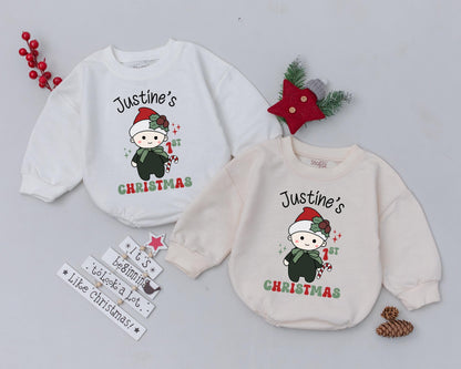 Personalized Name First Christmas Romper with Santa Hat Cartoon Child Sparkles Candy Cane Baby Bodysuit Retro Holiday Toddler Outfit