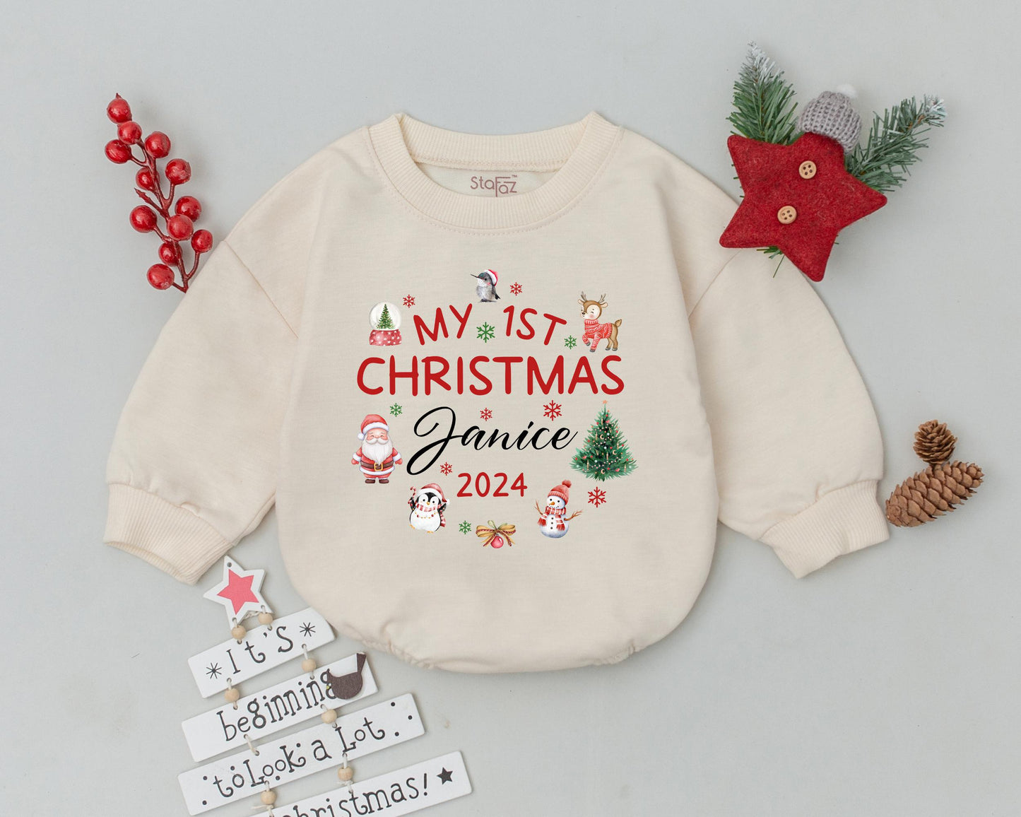 Personalized My First Christmas Janice 2024 Baby Romper Bodysuit Toddler Sweatshirt Girl Boy Outfit with Santa Snowman Reindeer Penguin Tree Design