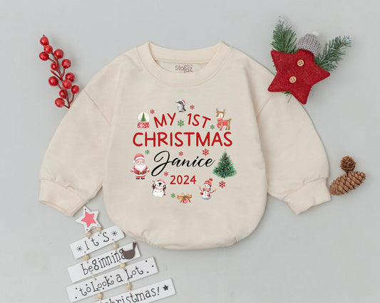 Personalized My First Christmas Janice 2024 Baby Romper Bodysuit Toddler Sweatshirt Girl Boy Outfit with Santa Snowman Reindeer Penguin Tree Design