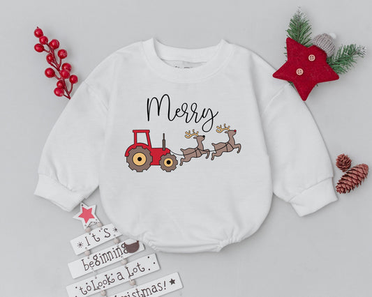 Whimsical Merry Christmas Tractor Reindeer Baby Romper Bodysuit, adorable infant outfit with red gray design, perfect First Christmas Baby Shower Gift