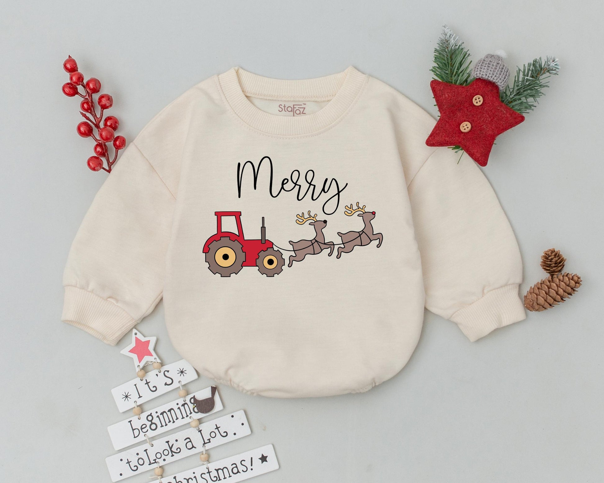 Whimsical Merry Christmas Tractor Reindeer Baby Romper Bodysuit, adorable infant outfit with red gray design, perfect First Christmas Baby Shower Gift