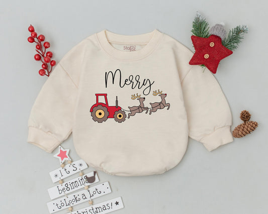 Whimsical Merry Christmas Tractor Reindeer Baby Romper Bodysuit, adorable infant outfit with red gray design, perfect First Christmas Baby Shower Gift