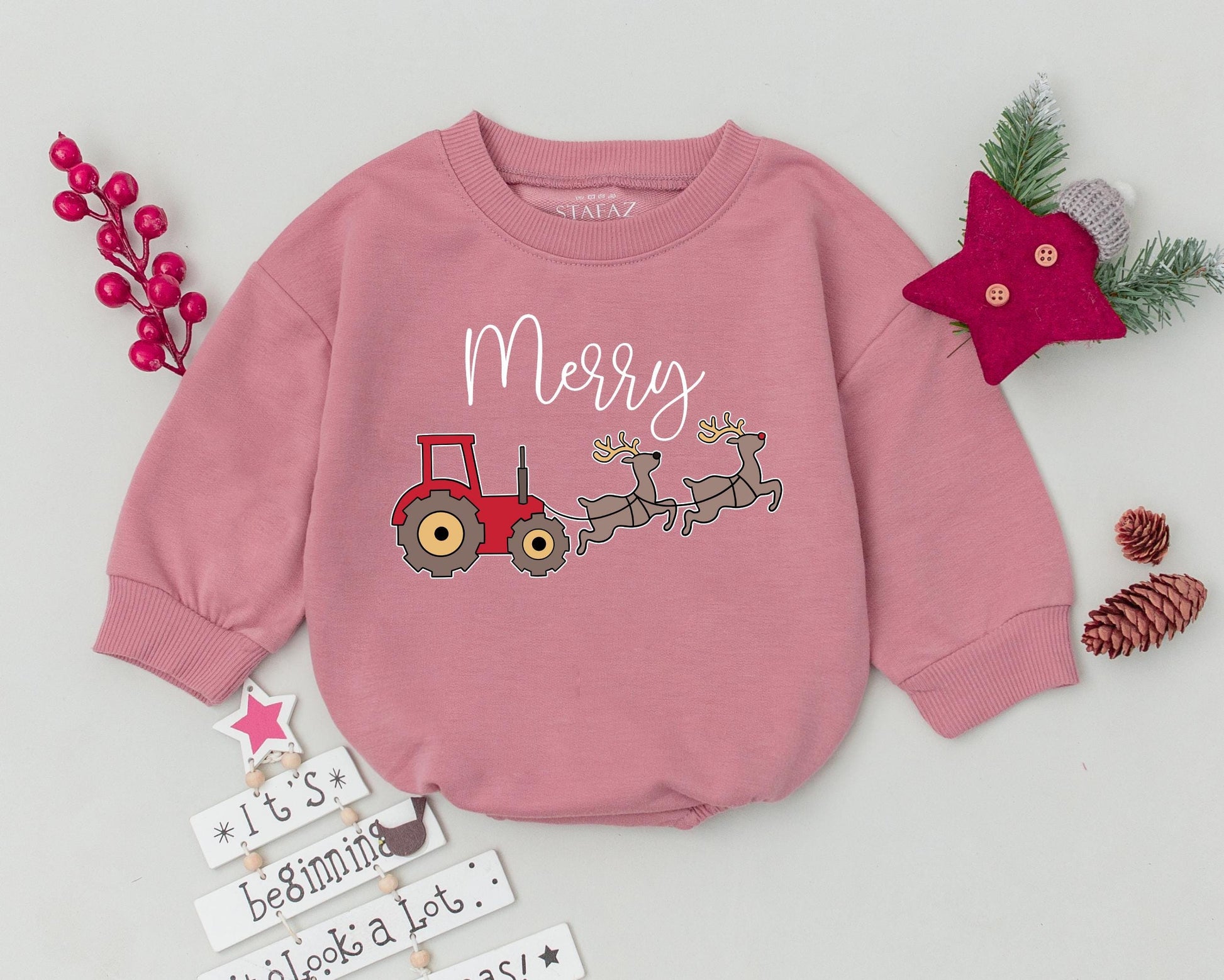 Whimsical Merry Christmas Tractor Reindeer Baby Romper Bodysuit, adorable infant outfit with red gray design, perfect First Christmas Baby Shower Gift