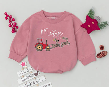 Whimsical Merry Christmas Tractor Reindeer Baby Romper Bodysuit, adorable infant outfit with red gray design, perfect First Christmas Baby Shower Gift