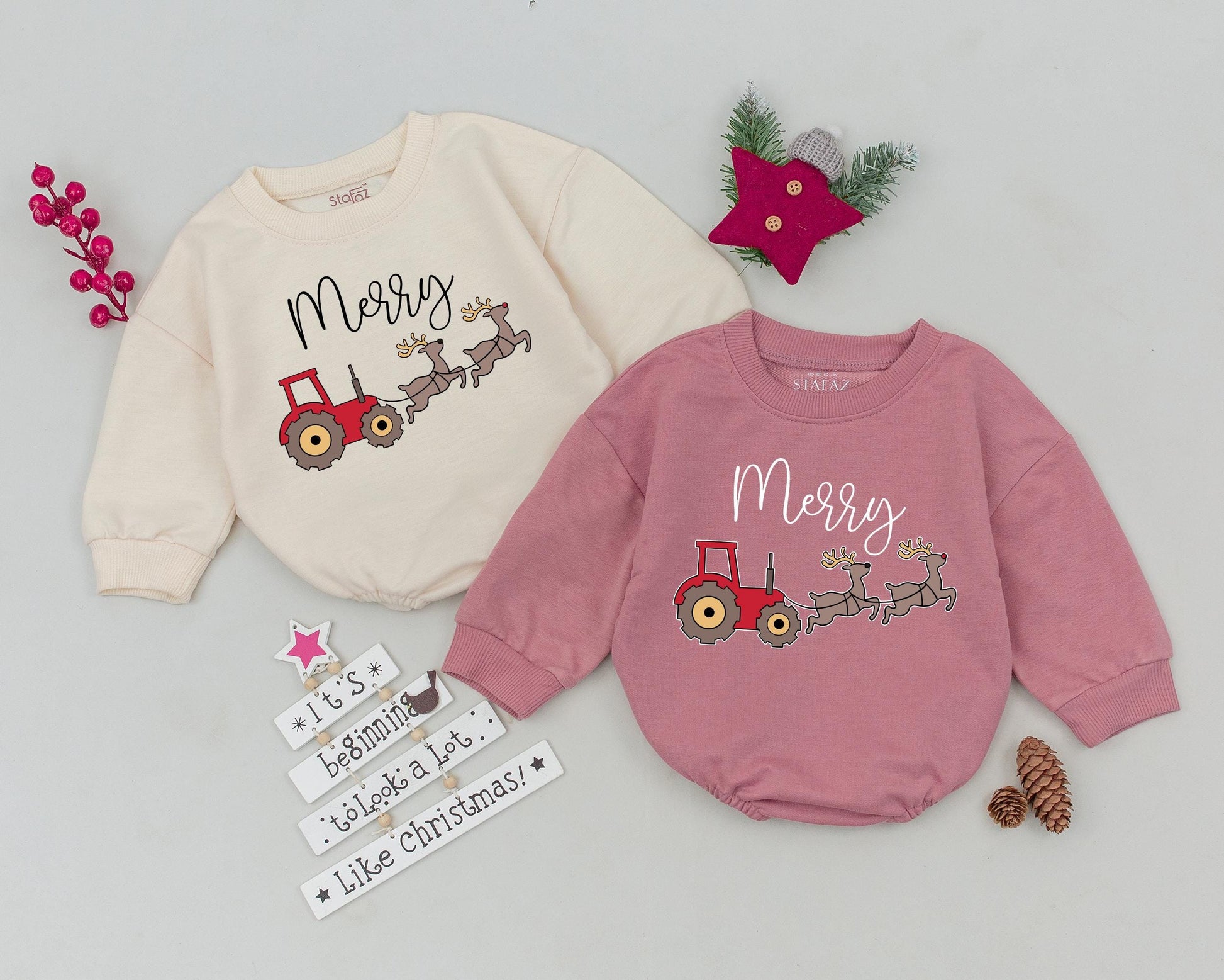 Whimsical Merry Christmas Tractor Reindeer Baby Romper Bodysuit, adorable infant outfit with red gray design, perfect First Christmas Baby Shower Gift