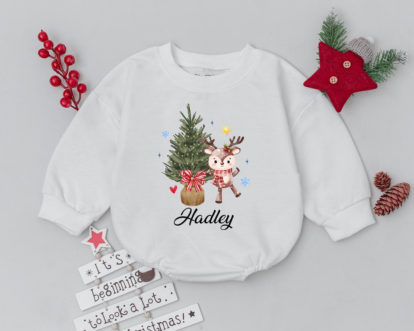 Personalized My First Christmas Baby Bodysuit Cute Deer Outfit featuring whimsical holiday graphics, soft infant romper, baby girl boy clothes, special name keepsake gift.