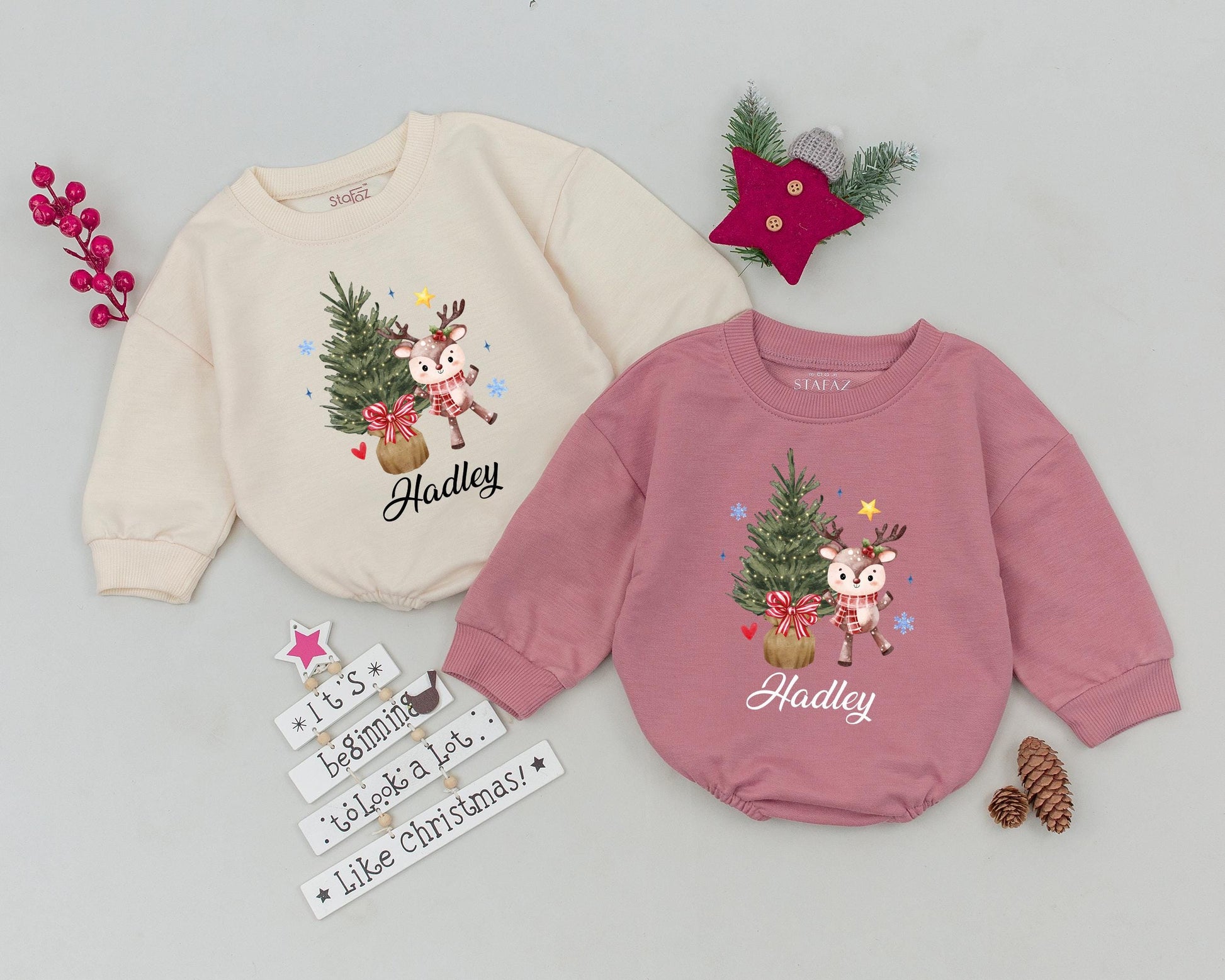 Personalized My First Christmas Baby Bodysuit Cute Deer Outfit featuring whimsical holiday graphics, soft infant romper, baby girl boy clothes, special name keepsake gift.