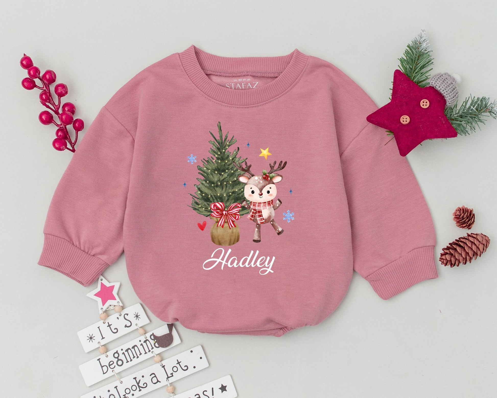 Personalized My First Christmas Baby Bodysuit Cute Deer Outfit featuring whimsical holiday graphics, soft infant romper, baby girl boy clothes, special name keepsake gift.