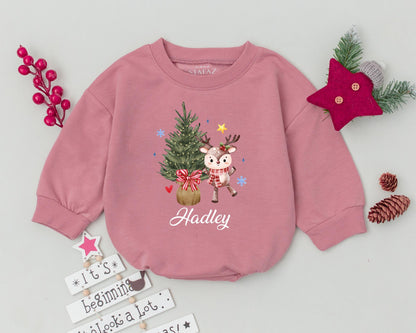 Personalized My First Christmas Baby Bodysuit Cute Deer Outfit featuring whimsical holiday graphics, soft infant romper, baby girl boy clothes, special name keepsake gift.