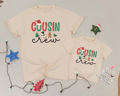 Matching Cousin Crew Christmas Shirts Personalized Family Holiday Outfit Baby Toddler Kids First Christmas Festive Red Green Santa Hat Design