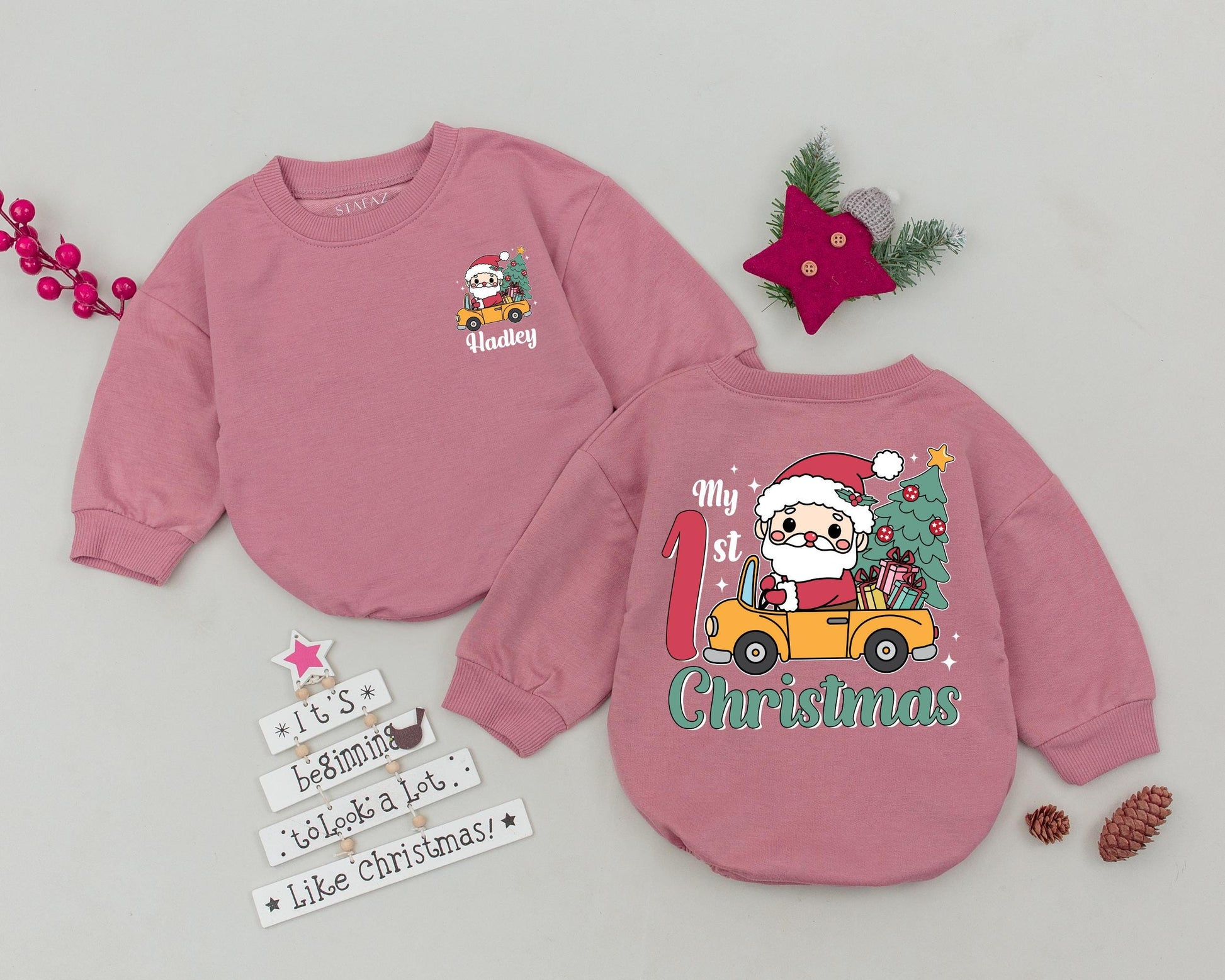 Personalized My 1st Christmas Baby Bubble Romper Cute Santa Car Design with Festive Tree Gifts Newborn Outfit Retro Holiday Bodysuit