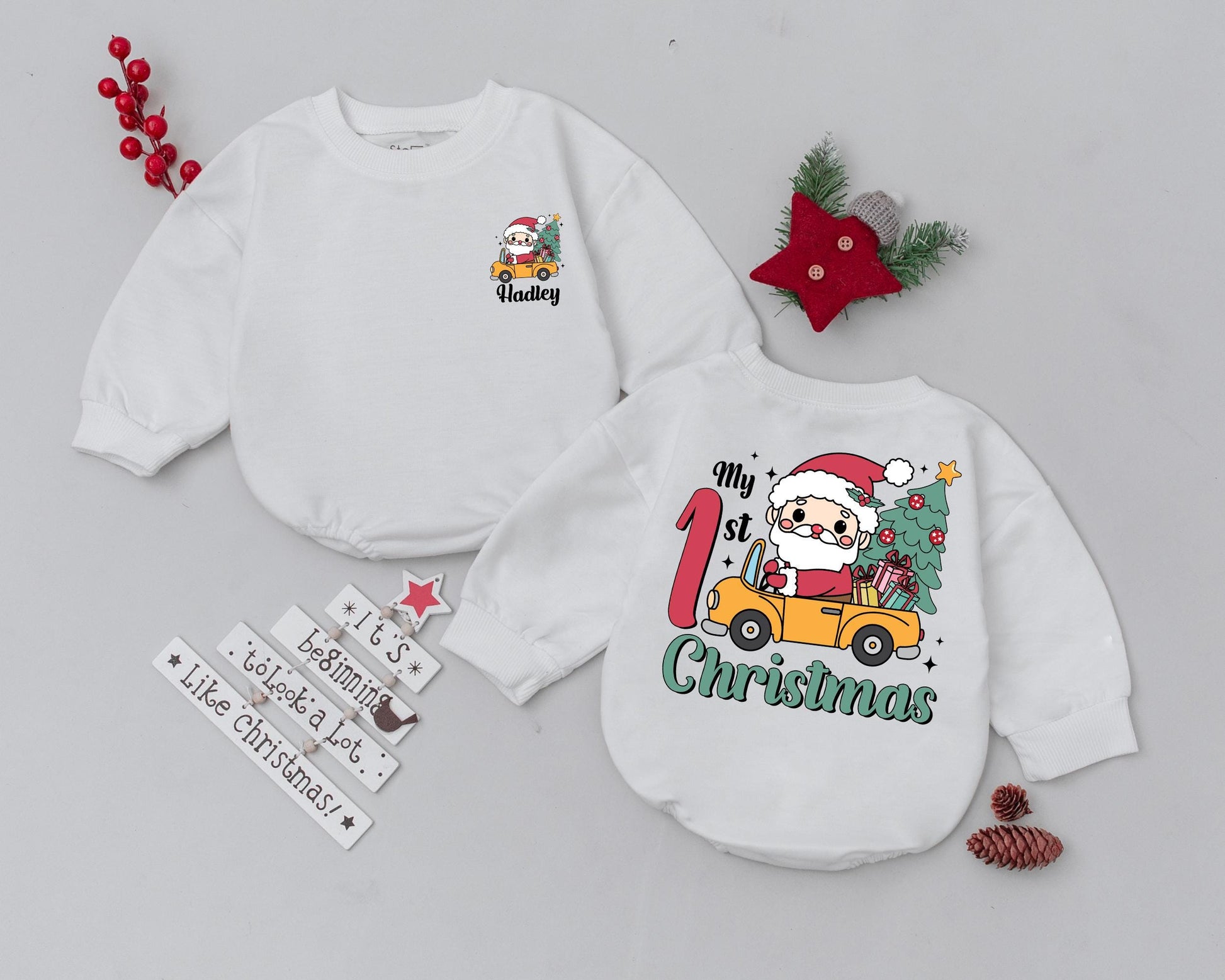 Personalized My 1st Christmas Baby Bubble Romper Cute Santa Car Design with Festive Tree Gifts Newborn Outfit Retro Holiday Bodysuit