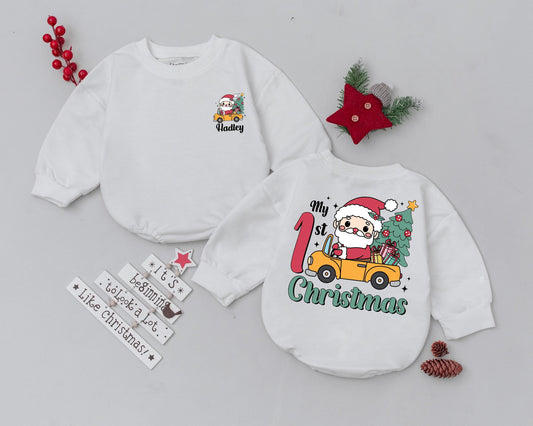 Personalized My 1st Christmas Baby Bubble Romper Cute Santa Car Design with Festive Tree Gifts Newborn Outfit Retro Holiday Bodysuit
