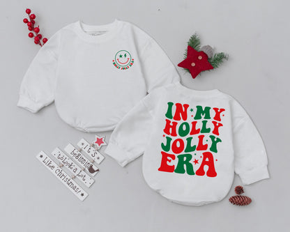 In My Holly Jolly Era Baby Romper First Christmas Outfit Infant Girls Retro Vintage Smiley Face Holiday Soft Cotton Xmas Gift