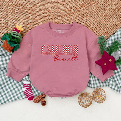 Personalized Cameron Christmas Romper: Gingham Name Bodysuit, First Christmas Outfit,  Bennett Cursive Font, Winter Baby Clothes, Boy Holiday Gift 135