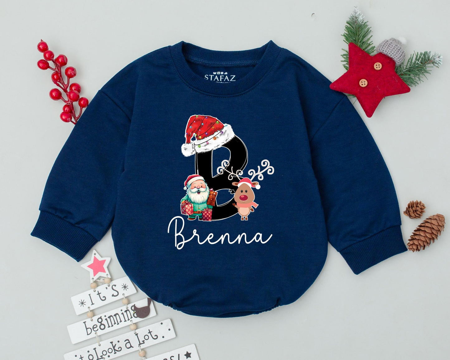 Personalized My First Christmas Baby Romper with Cute Santa & Reindeer Design festive initial B hat lights toddler infant bodysuit outfit