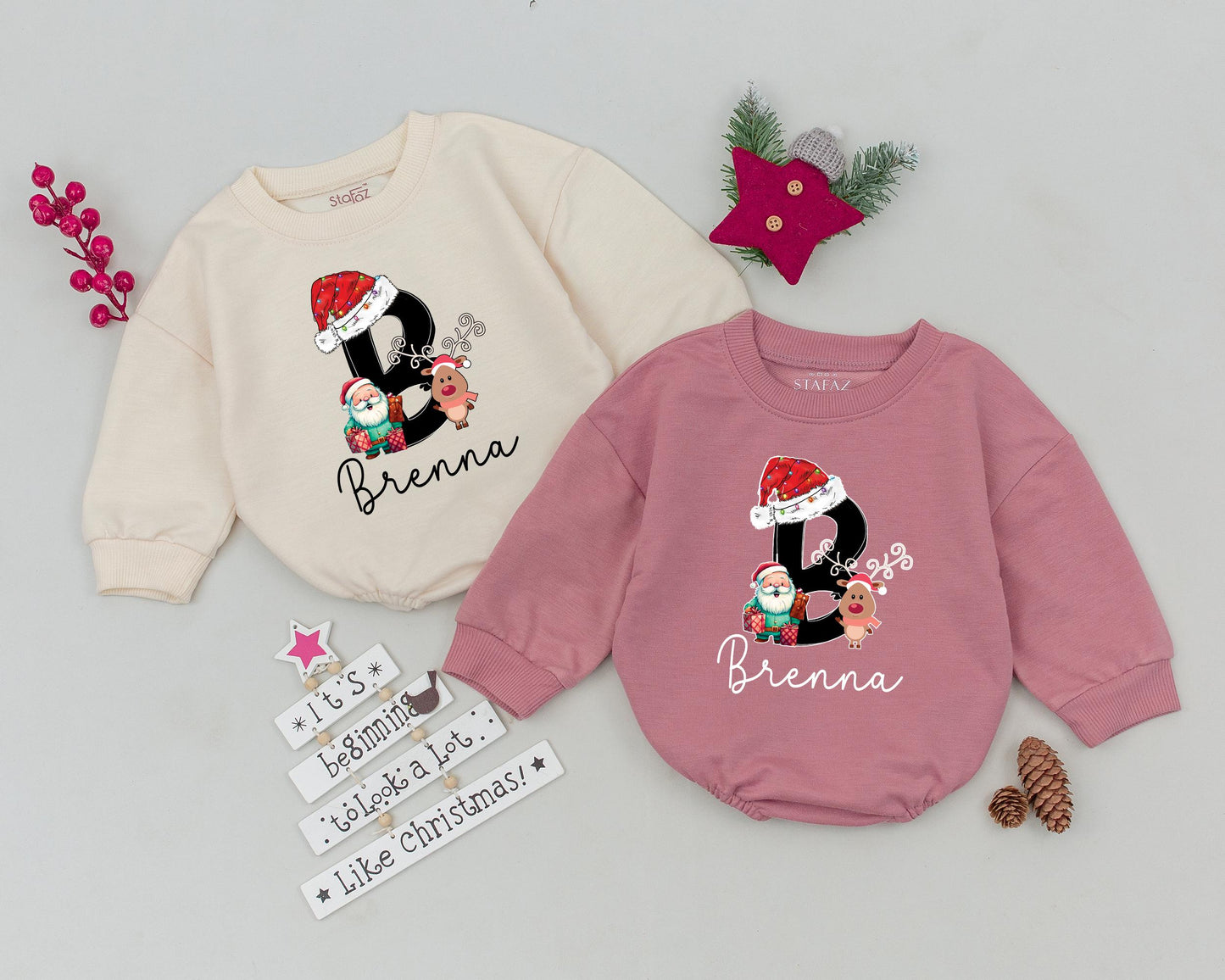 Personalized My First Christmas Baby Romper with Cute Santa & Reindeer Design festive initial B hat lights toddler infant bodysuit outfit