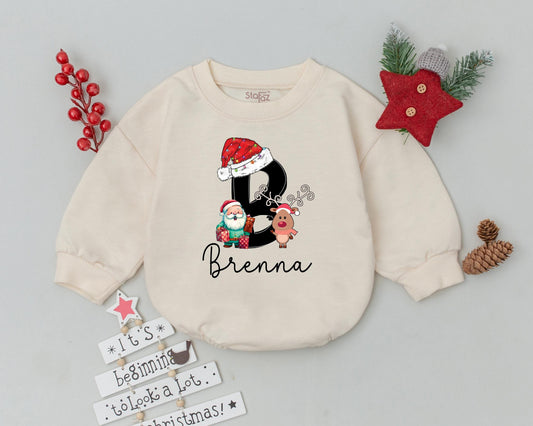 Personalized My First Christmas Baby Romper with Cute Santa & Reindeer Design festive initial B hat lights toddler infant bodysuit outfit