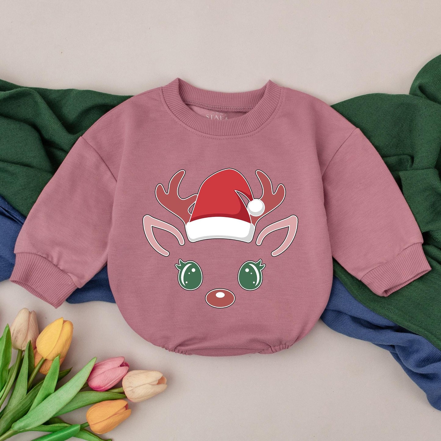 Adorable Reindeer Christmas Bubble Romper for Baby's First Holiday Festive Outfit with Cute Santa Hat Red Nose & Green Eyes Newborn Gift