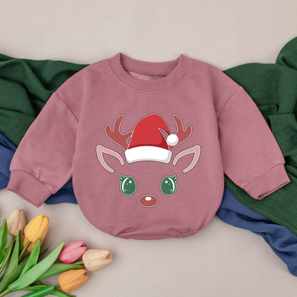 Adorable Reindeer Christmas Bubble Romper for Baby's First Holiday Festive Outfit with Cute Santa Hat Red Nose & Green Eyes Newborn Gift