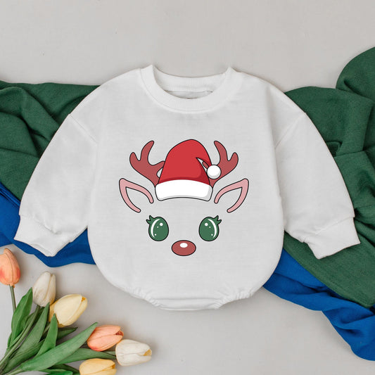 Adorable Reindeer Christmas Bubble Romper for Baby's First Holiday Festive Outfit with Cute Santa Hat Red Nose & Green Eyes Newborn Gift