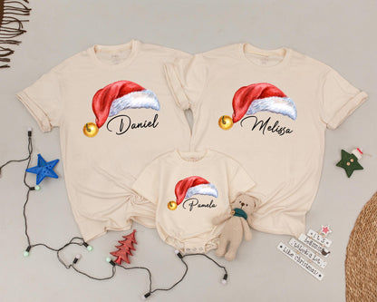 Matching Family Christmas Shirts with Personalized Name Santa Hat Design Red White Gold Jingle Bell Holiday Tee for Mom Dad Kids Baby
