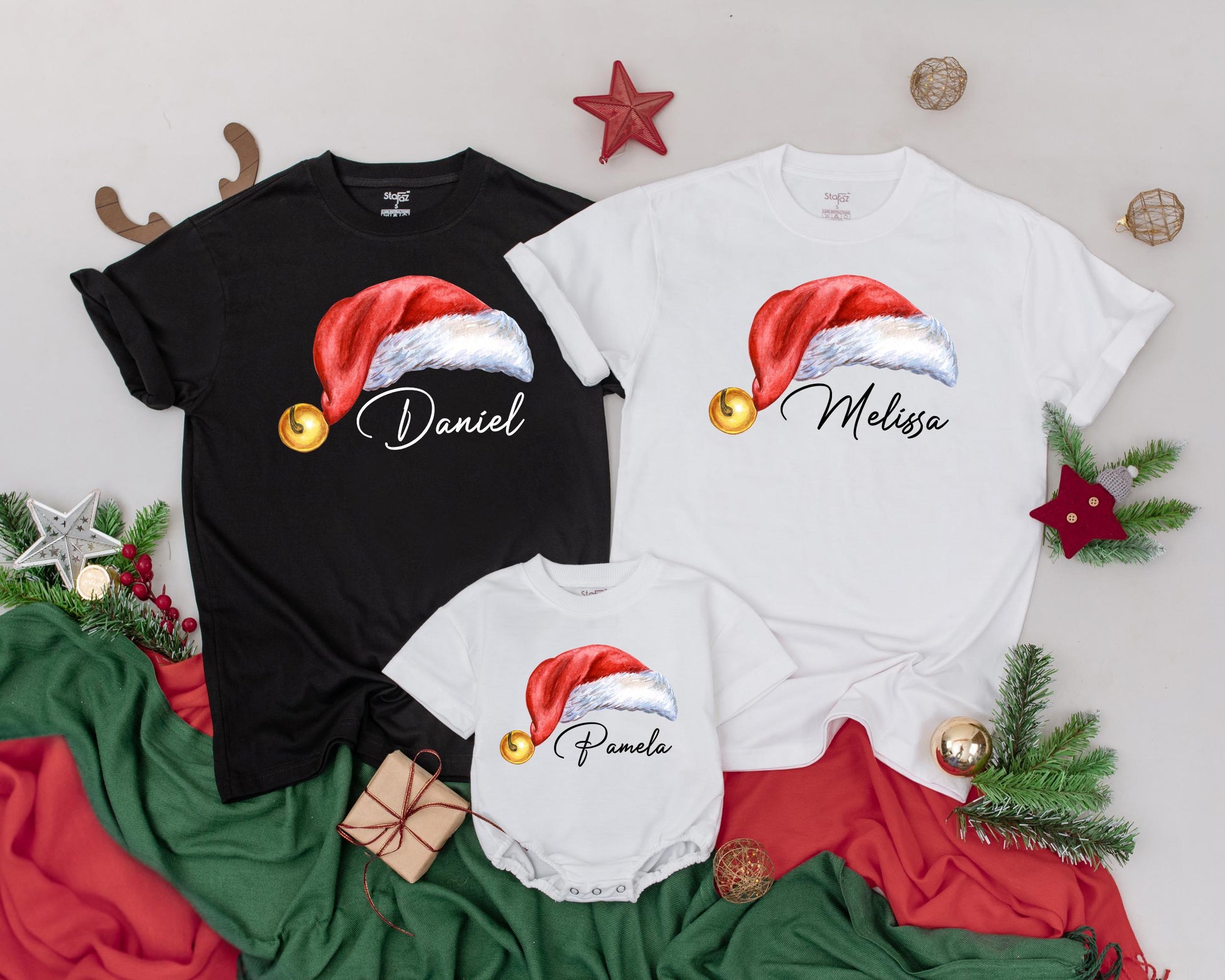 Matching Family Christmas Shirts with Personalized Name Santa Hat Design Red White Gold Jingle Bell Holiday Tee for Mom Dad Kids Baby