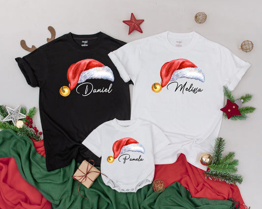 Matching Family Christmas Shirts with Personalized Name Santa Hat Design Red White Gold Jingle Bell Holiday Tee for Mom Dad Kids Baby