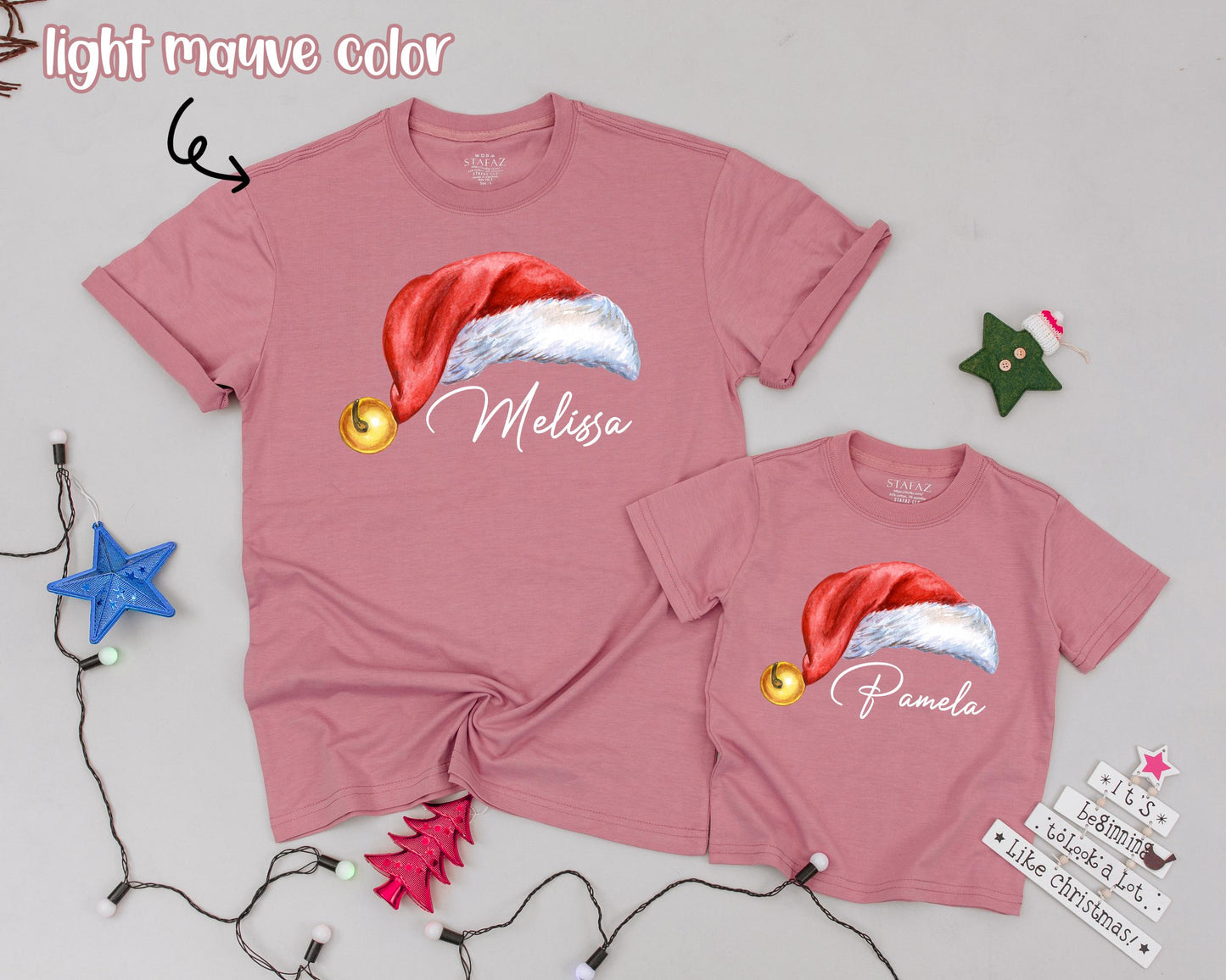 Matching Family Christmas Shirts with Personalized Name Santa Hat Design Red White Gold Jingle Bell Holiday Tee for Mom Dad Kids Baby