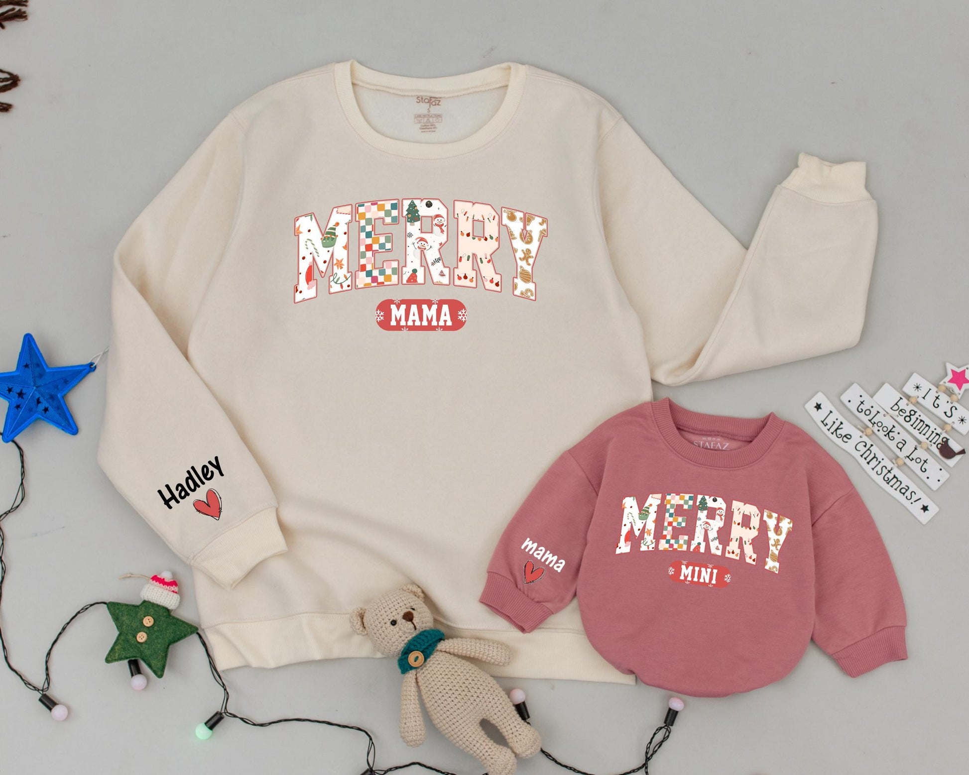 Personalized Mama Mini Christmas Sweatshirts Retro Merry Mom Daughter Matching Holiday Sweaters with Festive Imagery and Name on Sleeve