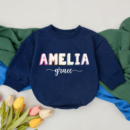 Personalized Pastel Name Baby Girl Romper Long Sleeve Bodysuit Coming Home Outfit Newborn Infant Playful Modern First Birthday Gift Amelia Grace