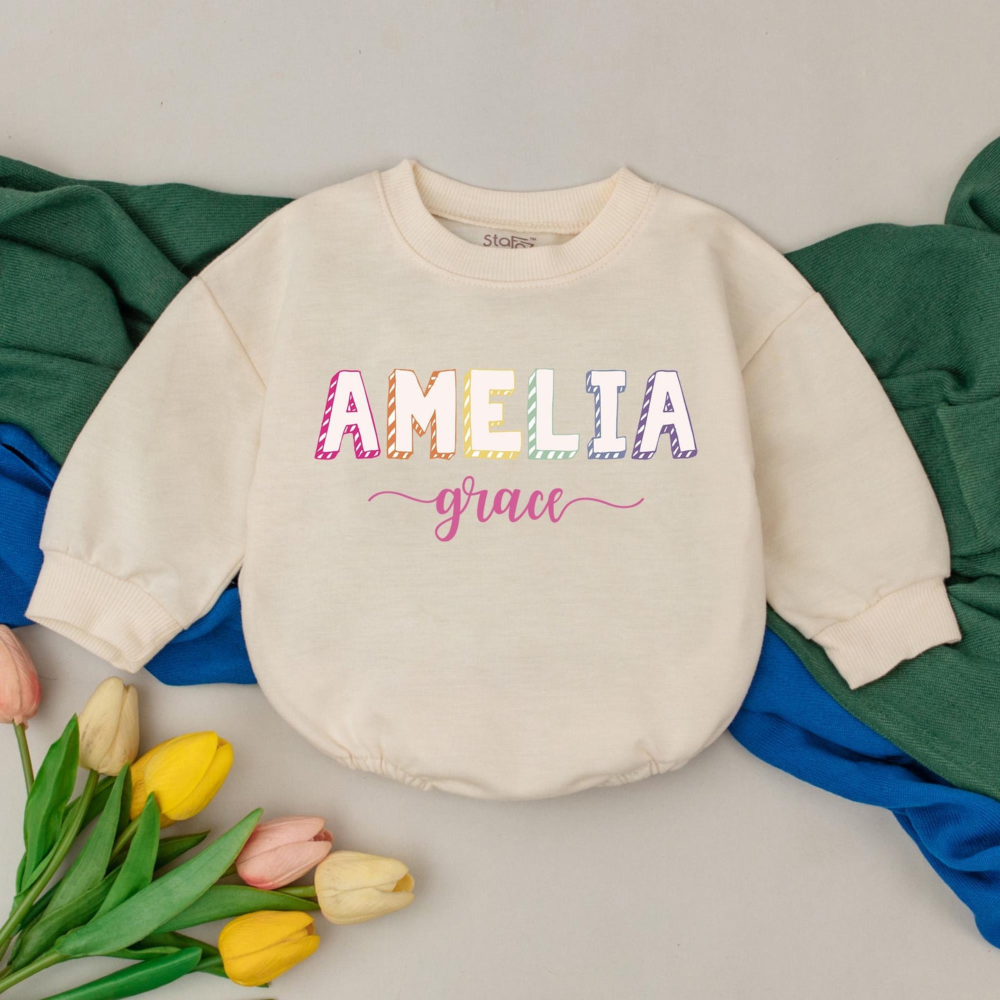 Personalized Pastel Name Baby Girl Romper Long Sleeve Bodysuit Coming Home Outfit Newborn Infant Playful Modern First Birthday Gift Amelia Grace