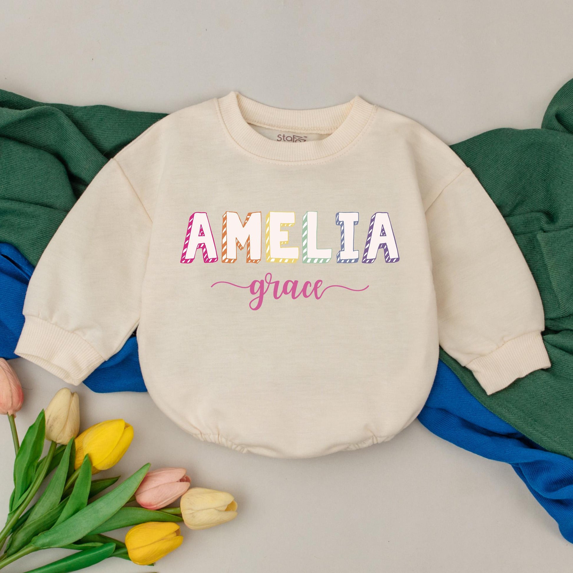 Personalized Pastel Name Baby Girl Romper Long Sleeve Bodysuit Coming Home Outfit Newborn Infant Playful Modern First Birthday Gift Amelia Grace