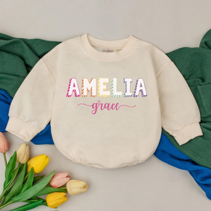 Personalized Pastel Name Baby Girl Romper Long Sleeve Bodysuit Coming Home Outfit Newborn Infant Playful Modern First Birthday Gift Amelia Grace