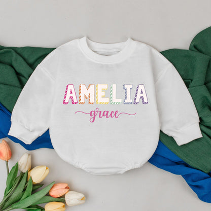 Personalized Pastel Name Baby Girl Romper Long Sleeve Bodysuit Coming Home Outfit Newborn Infant Playful Modern First Birthday Gift Amelia Grace