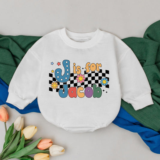 Personalized Retro Is For Name Romper Baby Birthday Gift Colorful 70s Bubble Letter Checkered Star Flower Infant Outfit