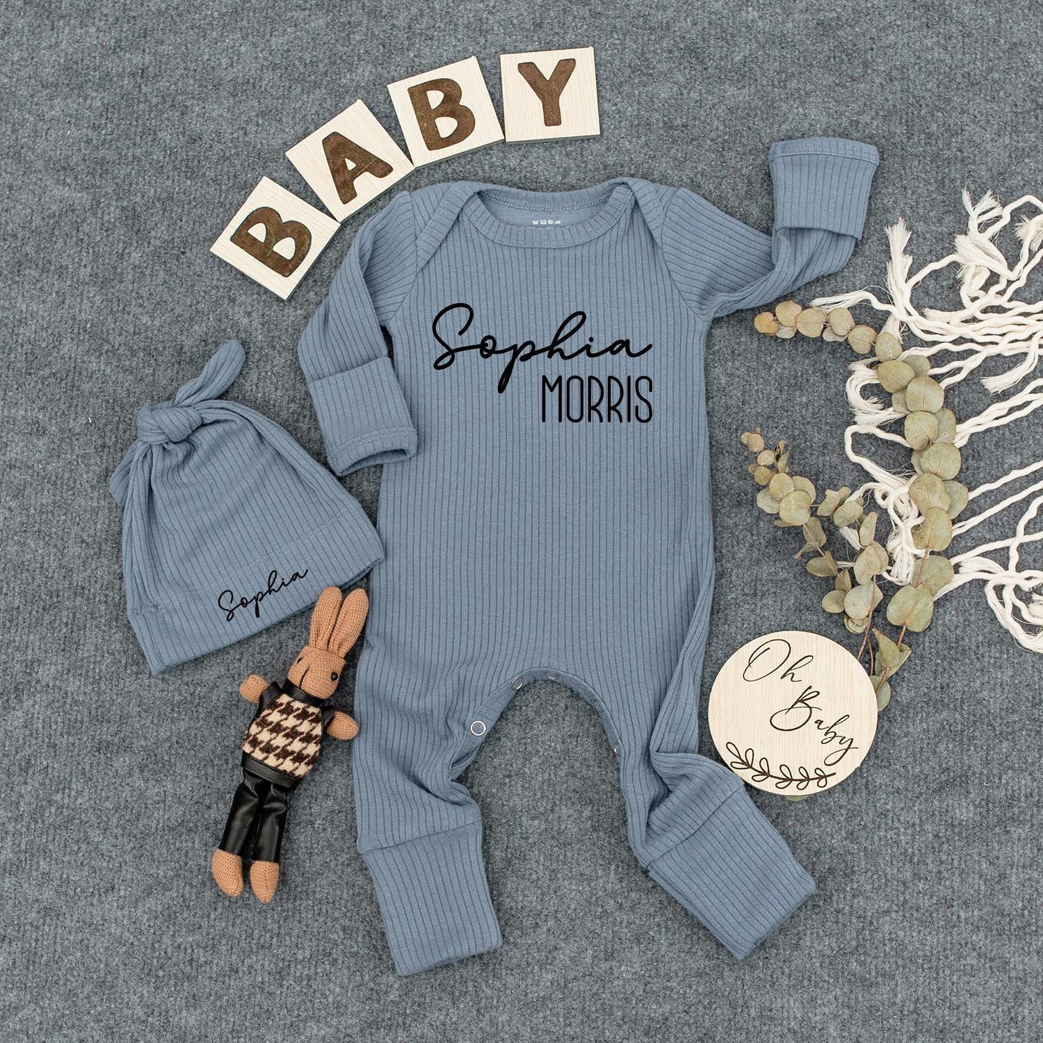 Personalized Modern Baby Bodysuit and Hat Set with Custom First Last Name Print Newborn Going Home Outfit Baby Shower Gift Idea