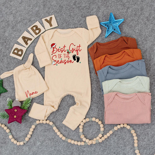 Custom Best Gift of the Season Baby Bodysuit Hat Christmas Newborn Outfit Red Green Footprints Santa Hat Christmas Tree Design Baby Shower Gift