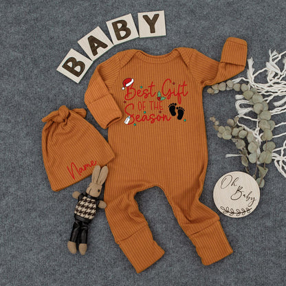 Custom Best Gift of the Season Baby Bodysuit Hat Christmas Newborn Outfit Red Green Footprints Santa Hat Christmas Tree Design Baby Shower Gift