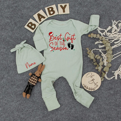 Custom Best Gift of the Season Baby Bodysuit Hat Christmas Newborn Outfit Red Green Footprints Santa Hat Christmas Tree Design Baby Shower Gift