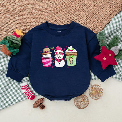 Festive Snowman Coffee Baby Romper, Whimsical Pink Snowflake Christmas Bodysuit, Holiday Outfit, Winter Baby Clothes, Shower Gift, Comfy Bubble Romper