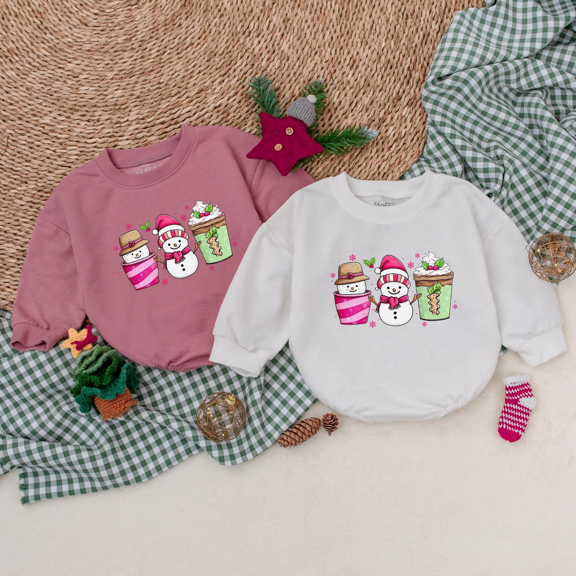 Festive Snowman Coffee Baby Romper, Whimsical Pink Snowflake Christmas Bodysuit, Holiday Outfit, Winter Baby Clothes, Shower Gift, Comfy Bubble Romper