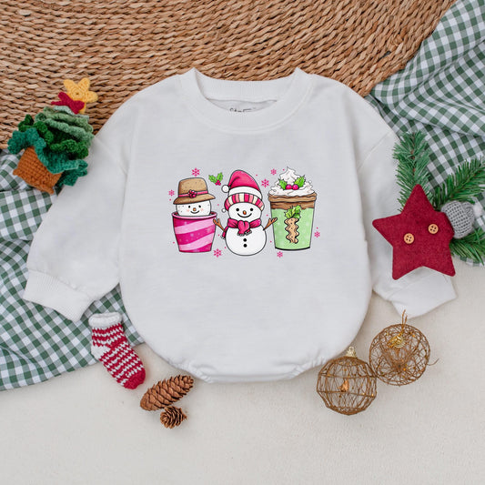 Festive Snowman Coffee Baby Romper, Whimsical Pink Snowflake Christmas Bodysuit, Holiday Outfit, Winter Baby Clothes, Shower Gift, Comfy Bubble Romper